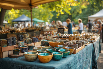 A lively craft fair display with handmade artisan goods.