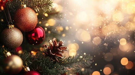 Festive holiday background featuring shimmering ornaments, pine cones, and warm lights, creating a cheerful atmosphere for seasonal celebrations.