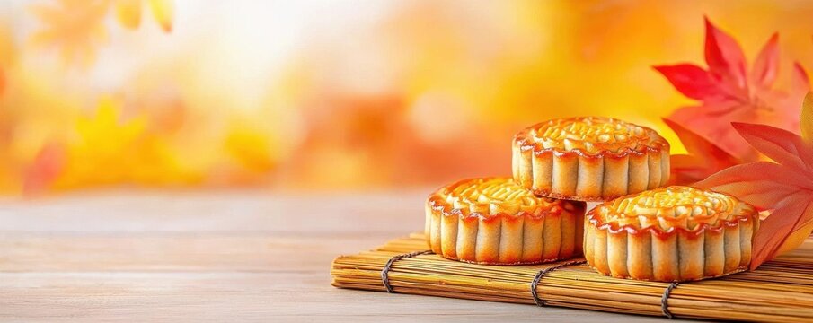Chinese mooncakes on bamboo mat, autumn tones, cozy dessert scene, rich textures, and heritage vibe