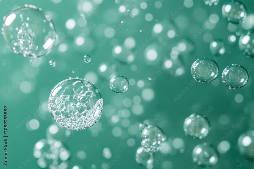 Aufkleber a close-up of soapy bubbles on a green background with different sizes of bubbles