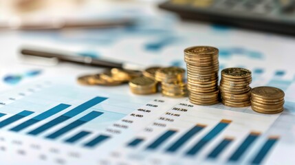 Creative financial planning concept with coins and charts on a well-organized desk workspace