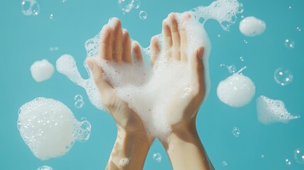 Fototapeta premium Hands covered in white soap foam creating a heart shape against a blue background, illustrating skincare cleansing with bubbles and silky textures.