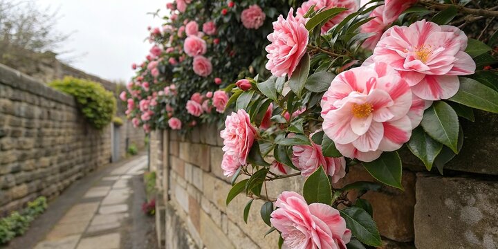 A sprawling cluster of pink and white striped camellias in full bloom against a weathered stone wall, nature's beauty, rustic charm, blooming plants, colourful blossoms, camellia varieties