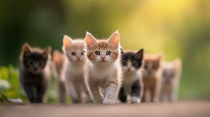 a group of playful kittens walking together in a natural setting