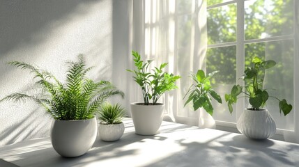 Fototapeta premium A serene interior scene showcasing bright white walls and lush green plants arranged elegantly on a sunlit windowsill, creating a refreshing ambiance.