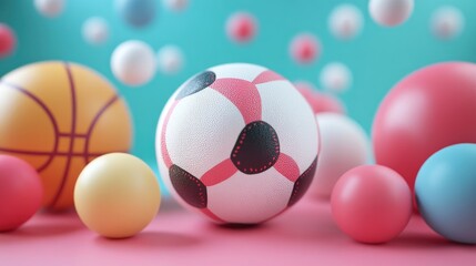 Colorful 3D illustration showcasing basketball, soccer, and baseballs among various vibrant orbs on a bright background.