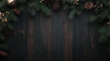 A rustic wooden surface adorned with green foliage and pinecones, evoking a cozy, natural atmosphere.