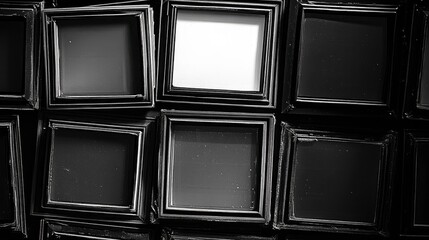 Vintage filmstrip frames arranged in a grid, featuring classic black and white tones with empty spaces for nostalgic photo display.