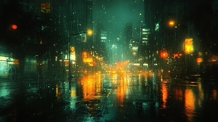 Blurred vision of bright streetlights at night, halo effects around the lights with streaks of glow, a cityscape slightly out of focus, rain lightly falling, 