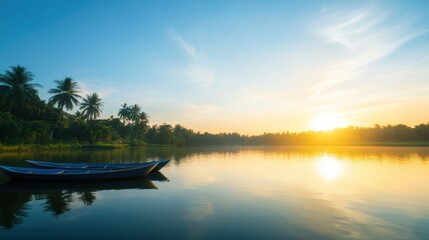 serene sunset over calm waters with boats and palm trees