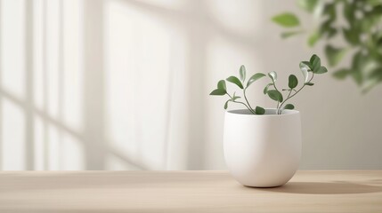 A small green plant in a white pot sits on a wooden table near a sunny window, creating a serene indoor atmosphere