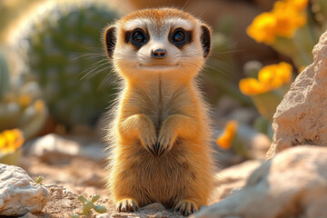 Fototapeta premium A stunning close-up of a meerkat showcasing its curious gaze and intricate fur details. Perfect for wall art, prints, or unique merchandise that celebrates nature’s charm.