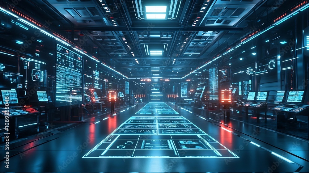 Poster futuristic virtual factory floor with digital dashboards and automated production processes