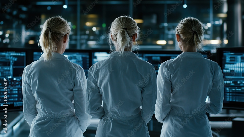 Poster three female scientists analyzing data on multiple monitors in a high-tech laboratory setting, showc