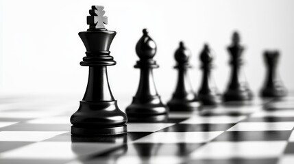 Black chess pieces lined up on a board, emphasizing strategic leadership and competition, symbolizing success and career advancement in business contexts.