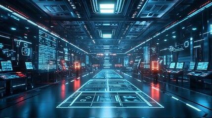 Futuristic Virtual Factory Floor with Digital Dashboards and Automated Production Processes