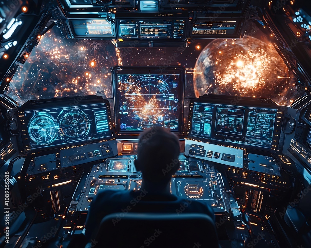 Aufkleber futuristic virtual workspace in glowing spaceship cockpit with interstellar data and holographic sta