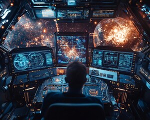 Futuristic Virtual Workspace in Glowing Spaceship Cockpit with Interstellar Data and Holographic Star Maps