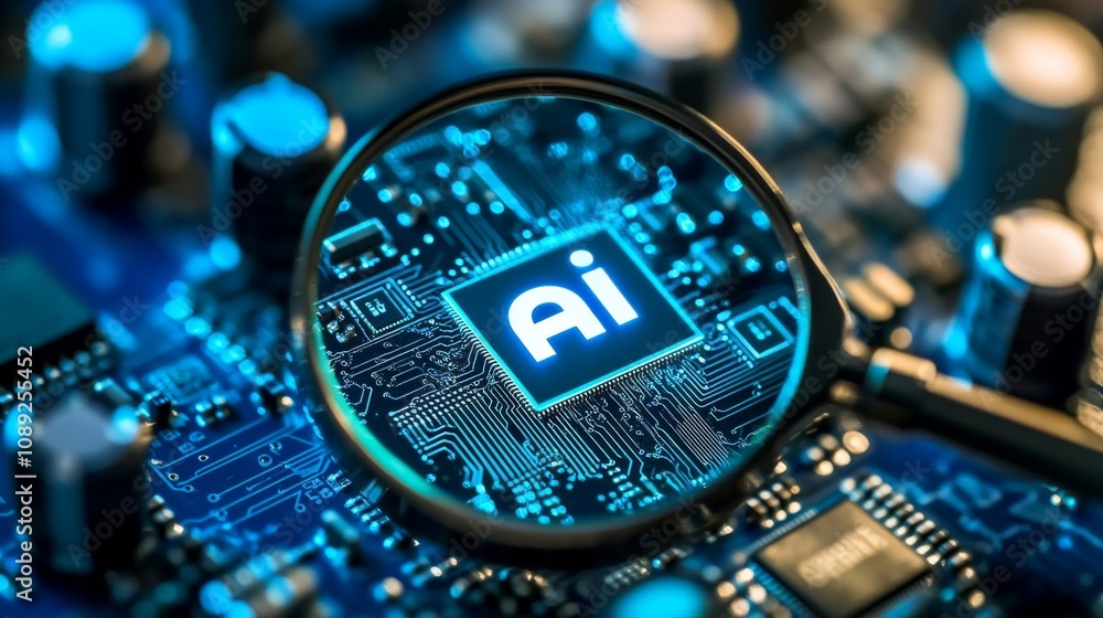 Poster close-up of blue computer circuit board with magnifying glass, electronic components, and ai chip. a
