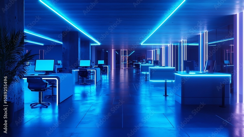 Poster futuristic virtual office with glowing floating desks and customizable workspace concept
