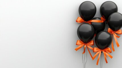 Black balloons with vibrant orange ribbons arranged artistically against a clean white background, ideal for festive promotions and celebrations.