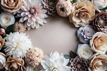 A beautiful arrangement of pastel flowers framing a soft, neutral background, creating an elegant and serene focal point.