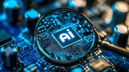 Close-up of blue computer circuit board with magnifying glass, electronic components, and AI chip. Abstract technology background.