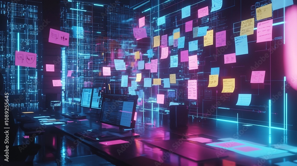 Poster virtual brainstorming space with glowing digital flowcharts and collaborative workspace concept
