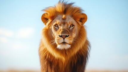 Fototapeta premium Close-Up of a Majestic Lion with a Stunning Golden Mane Set Against a Clear Blue Sky, Exuding Power and Regal Presence