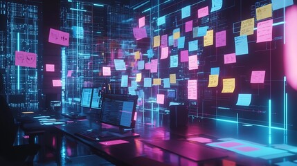 Virtual Brainstorming Space with Glowing Digital Flowcharts and Collaborative Workspace Concept