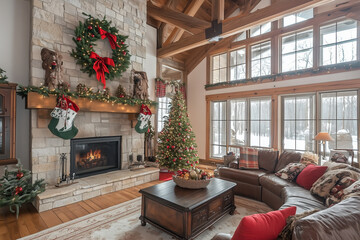 cozy Christmas-themed living room in a rustic log home, featuring a stone fireplace, large windows, and abundant natural light