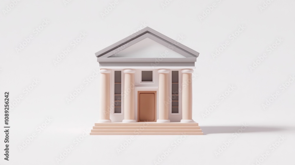 Poster a stylized representation of a classical building with columns and a triangular roof.