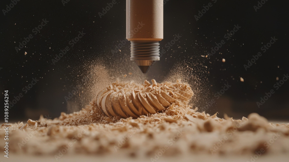 Poster skill and chisel concept. artistic capture of wooden shavings spiraling off cutting tool