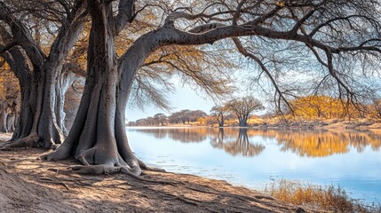 Baobab trees framed by a serene lake reflecting vibrant foliage of a tropical landscape in a tranquil setting with soft natural light.