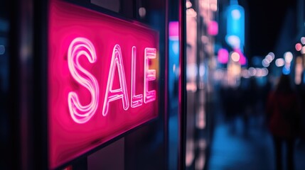 Neon pink sale sign illuminated in a store window, enticing shoppers with vibrant offers and discounts in a bustling night setting.
