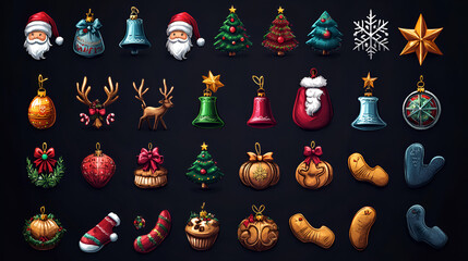 Christmas icons set  New Year s wreath, Christmas tree, gifts, sock with gifts, Hat and mittens