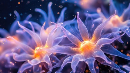 Close-up of luminous Alveopora sea coral exhibiting flower-like tentacles, revealing intricate textures and stunning colors under UV light.