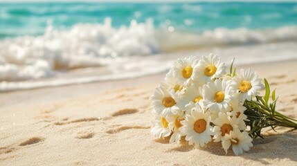 Fototapeta premium Daisy bouquet resting on sandy beach with gentle waves in the background, showcasing the vibrant white and yellow blooms against a serene ocean scene.
