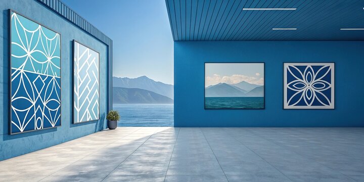 artistic visuals with abstract shapes on blue backdrop, creative expression, artistic freedom, color balance, visual harmony, abstract composition