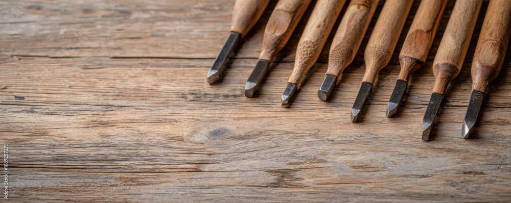 Poster skill and chisel concept. series of chisels arranged neatly on wooden surface, showcasing craftsmans