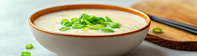 Obraz premium Warm bowl of congee with spring onions, soft focus background, cozy comfort food, authentic Chinese breakfast