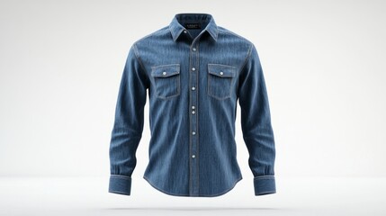 Front view of a jean-style long-sleeve shirt mockup, featuring detailed stitching and button alignment, rendered on a clear white studio backdrop