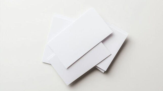 Stack of blank white cards and flyers arranged neatly on a clean white background, ideal for customization or design mockups.
