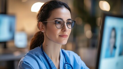 Fototapeta premium processing industry factory workflow concept, A focused female doctor in scrubs and glasses works intently at a computer, highlighting the intersection of healthcare and technology.