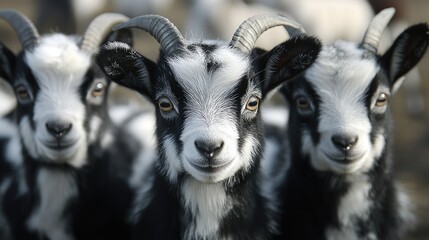 Close-up of three small black and white pygmy goats with distinctive curved horns, showcasing their playful expressions against a blurred farm background.