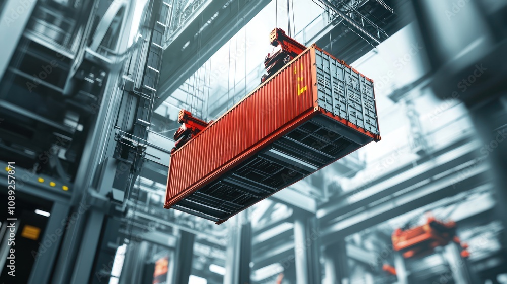 Poster a red shipping container being lifted in an industrial setting.