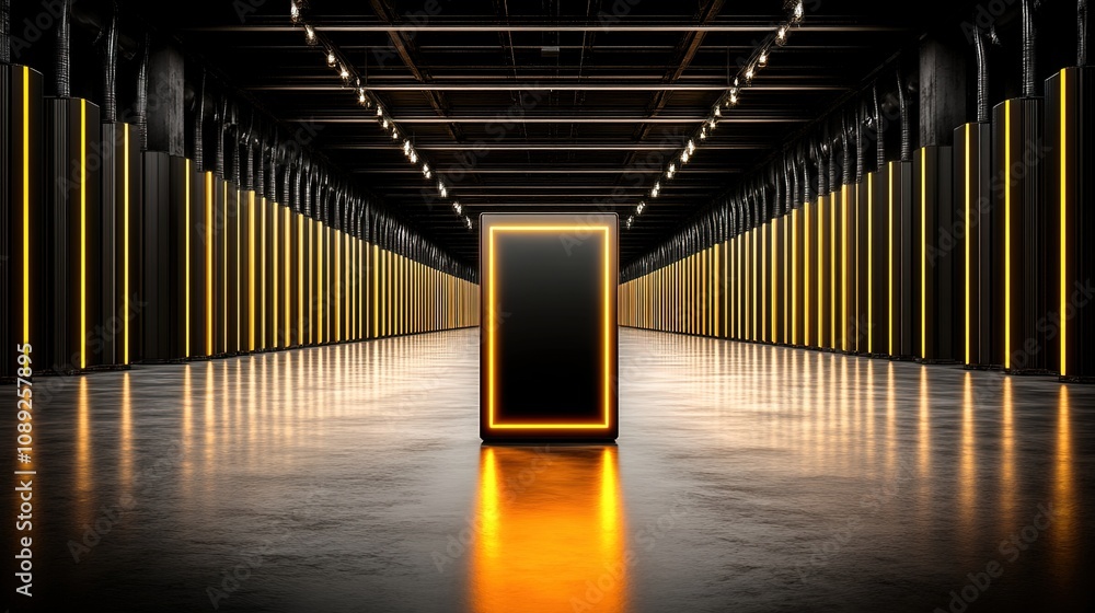 Poster futuristic corridor featuring illuminated vertical panels and a central glowing rectangular frame in