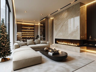 Modern luxury living room with a large fireplace, white marble wall panels, and a neutral color palette. Cozy Christmas tree decor and warm lighting create an inviting atmosphere