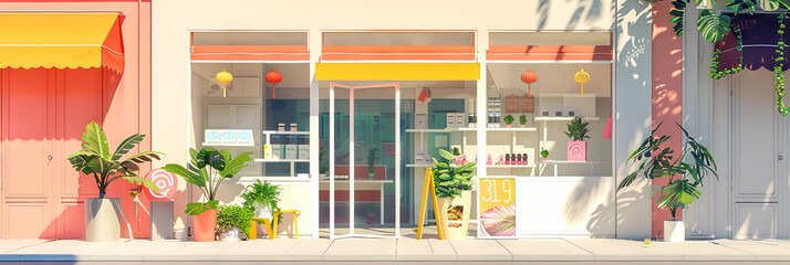 Fototapeta premium A newly-opened storefront, adorned with colorful decorations and welcoming customers through its doors.
