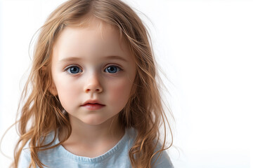 A young child with long, wavy hair and striking blue eyes gazes thoughtfully at the camera against a soft, white background.
